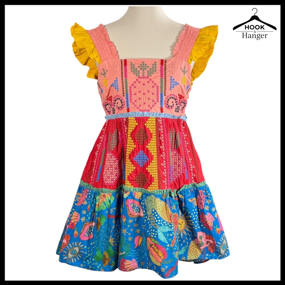 Farm Rio Cross Stitch Mini Dress Small Embroidered Folk Art Graduation Smocked